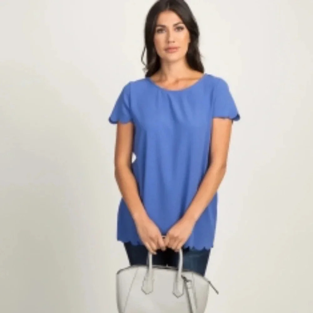 NEW*PinkBlush Blue Solid‎ Scalloped Hem Top - Picture 2 of 15